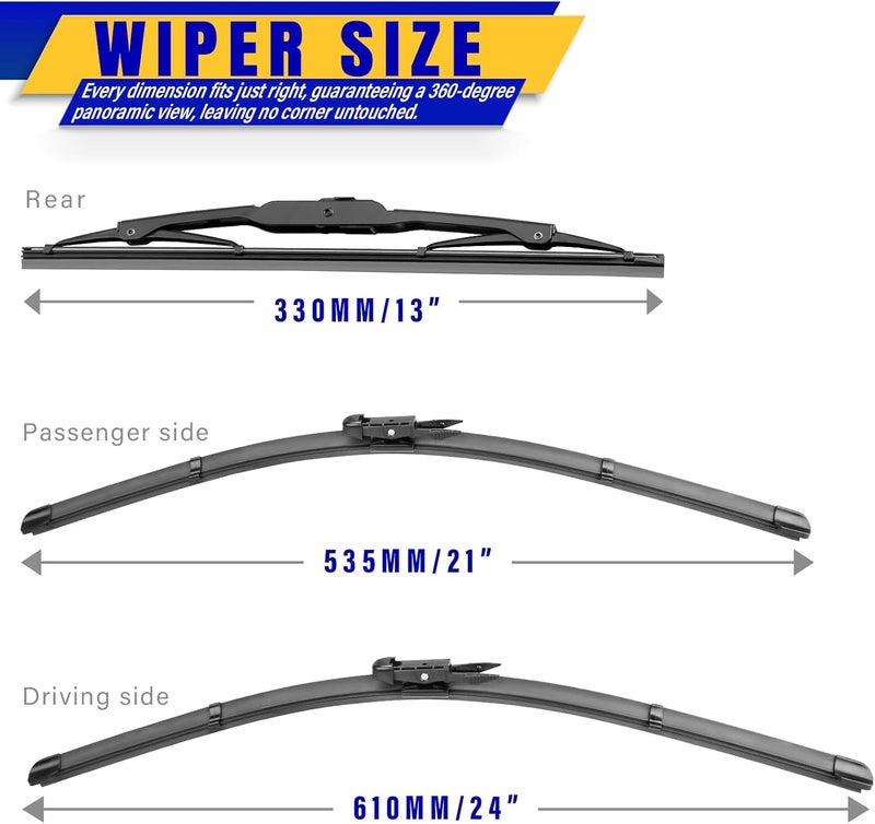 Rooppa 3 wipers Replacement for 2012-2017 Chevy Chevrolet Traverse, Windshield Wiper Blades Original Equipment Replacement - 24"/21"/13" (Set of 3) Pinch Tap - Image 2